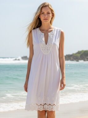 Long Elegant Legs White Cotton Embroidered Crochet Dress Sz 10 Boho Beach Bride
